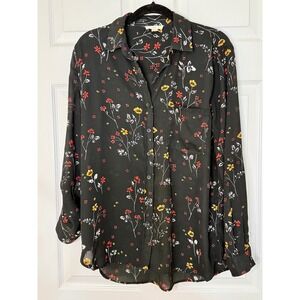 BLL New York Floral Blouse Womens Small Black Button Down Roll Tab